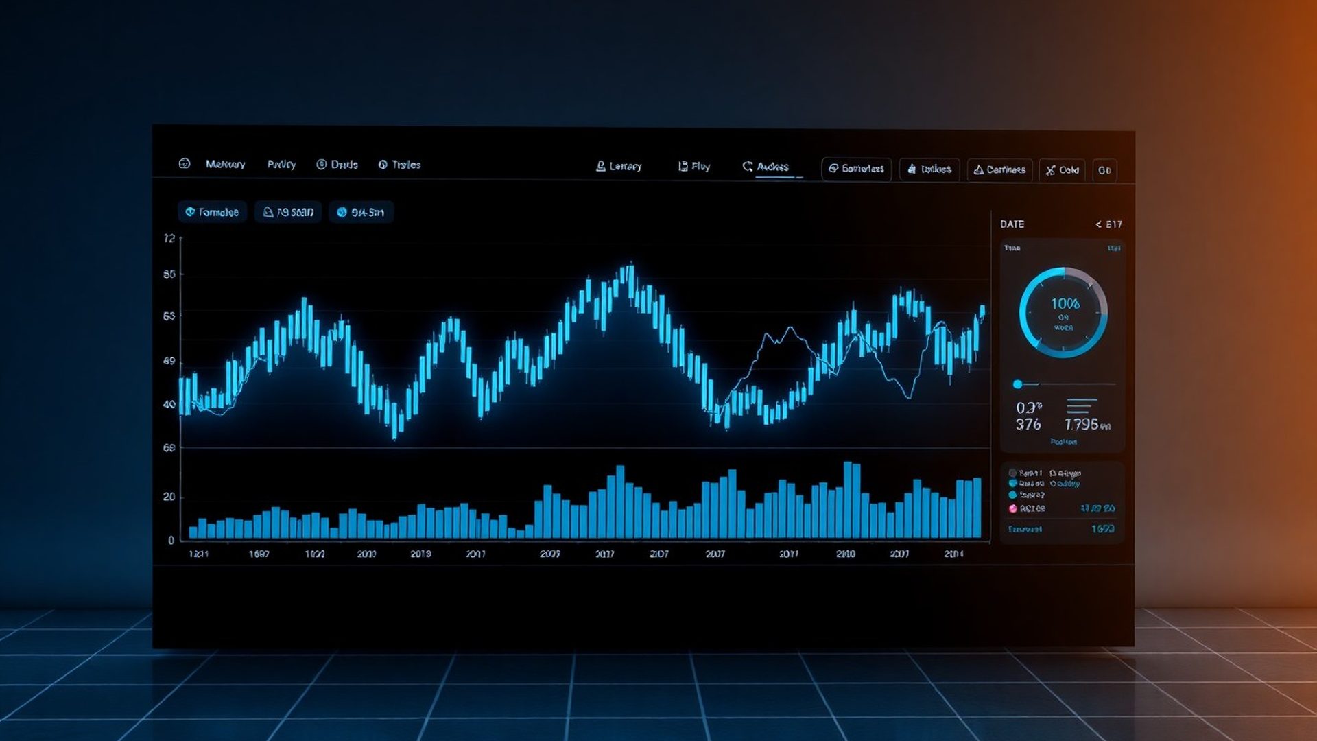 Panel de datos con curvas de mercado en tonos azules ilustrando la automatización de trading