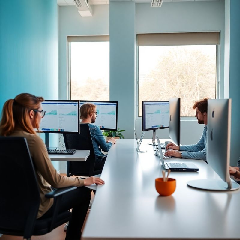 Equipo de cinco personas trabajando en una oficina fintech en Zaragoza con paredes azules